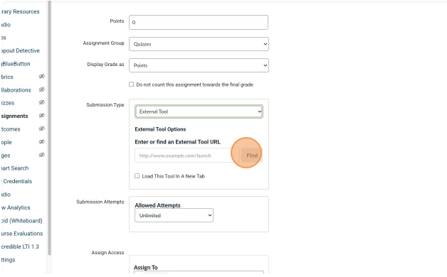 An orange circle over the "Labster US 2022-01-18" item in a Configure External Tool list in Canvas.