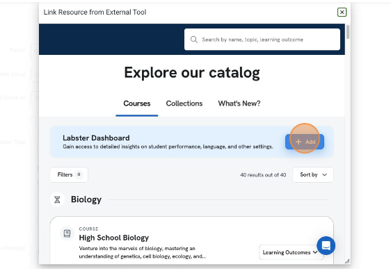An orange circle highlighting the Add button for the Labster Dashboard in the Link Resource from External Tool page.