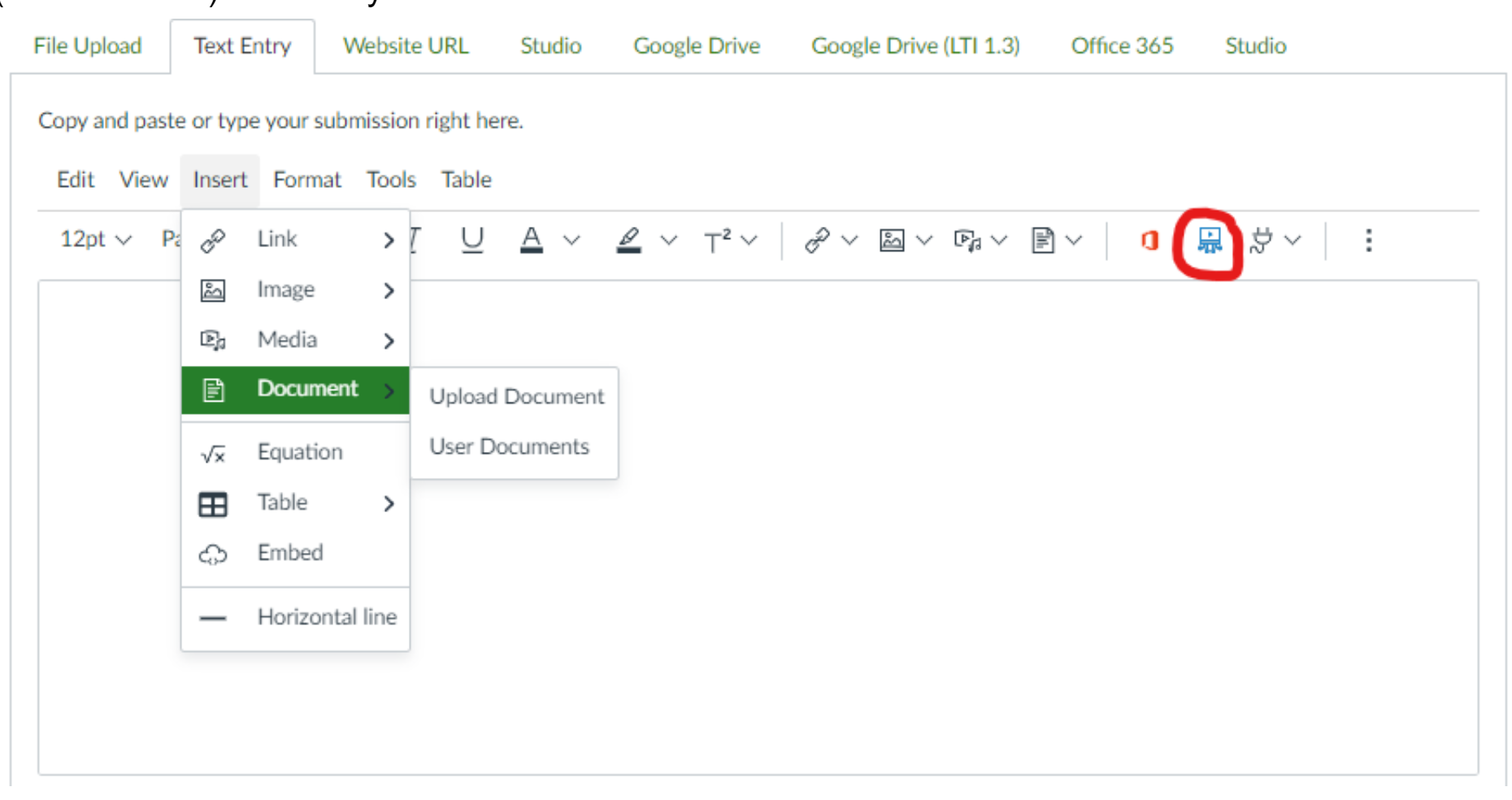 A screenshot of Canvas's RTE showing the canvas studio and document upload buttons A screenshot of Canvas's RTE showing the canvas studio and document upload buttons