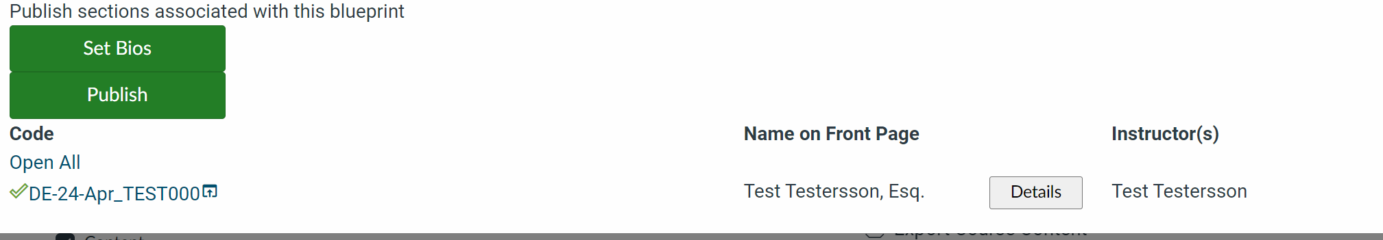 A picture of the publish dialog showing a Name on Front page for Test Testersson