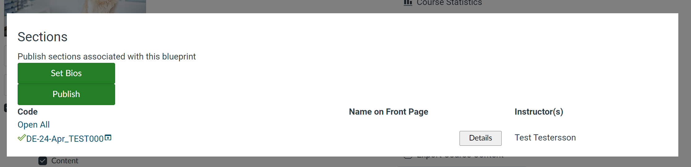 Picture of publish dialog with Publish and Set Bios buttons and a list of sections