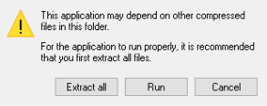a pop-up menu with the options to 'Extract all,' 'run,' and 'Cancel'