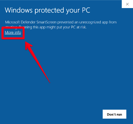 windows protection screen, highlighting the 'More Info' button