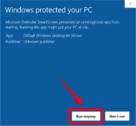 windows protection screen, highlighting the 'Run anyway' button