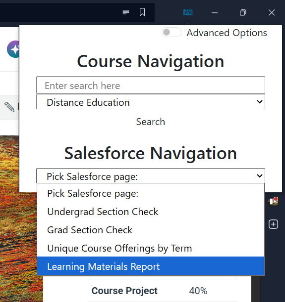 Screenshot showing the Learning Materials Report menu item highlighted